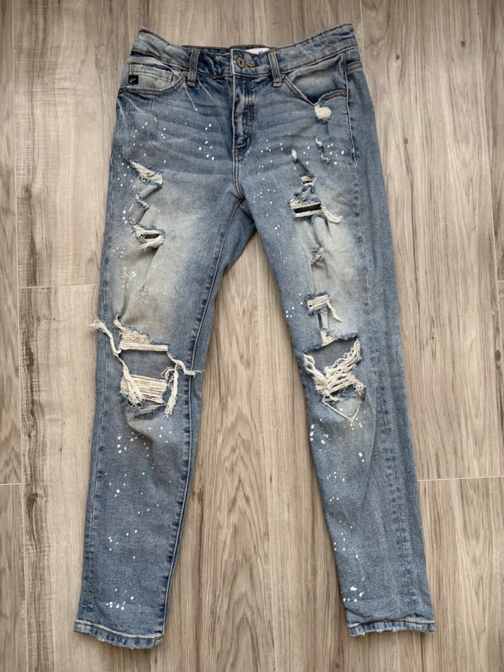 KanCan Light Wash Distressed Boyfriend Jeans with White Paint Splatters